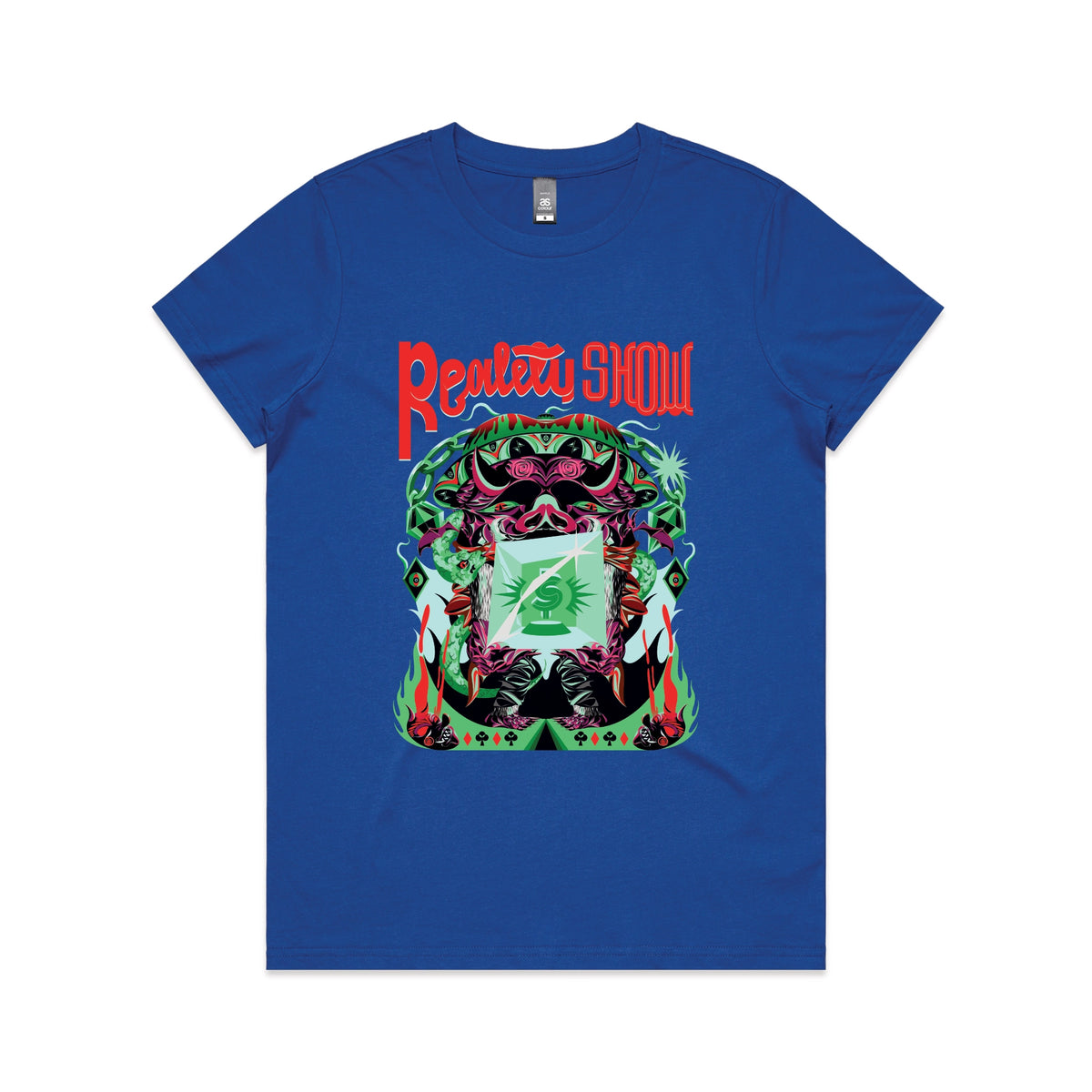 Royal Blue fitted womens t-shirt with Reality Show graphic by Lonely Kids Club