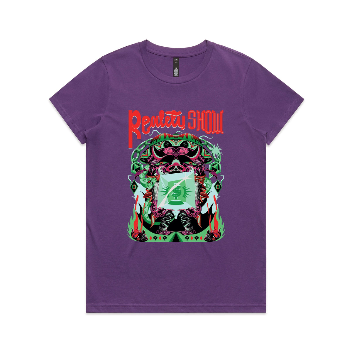 Purple fitted womens t-shirt with Reality Show graphic by Lonely Kids Club