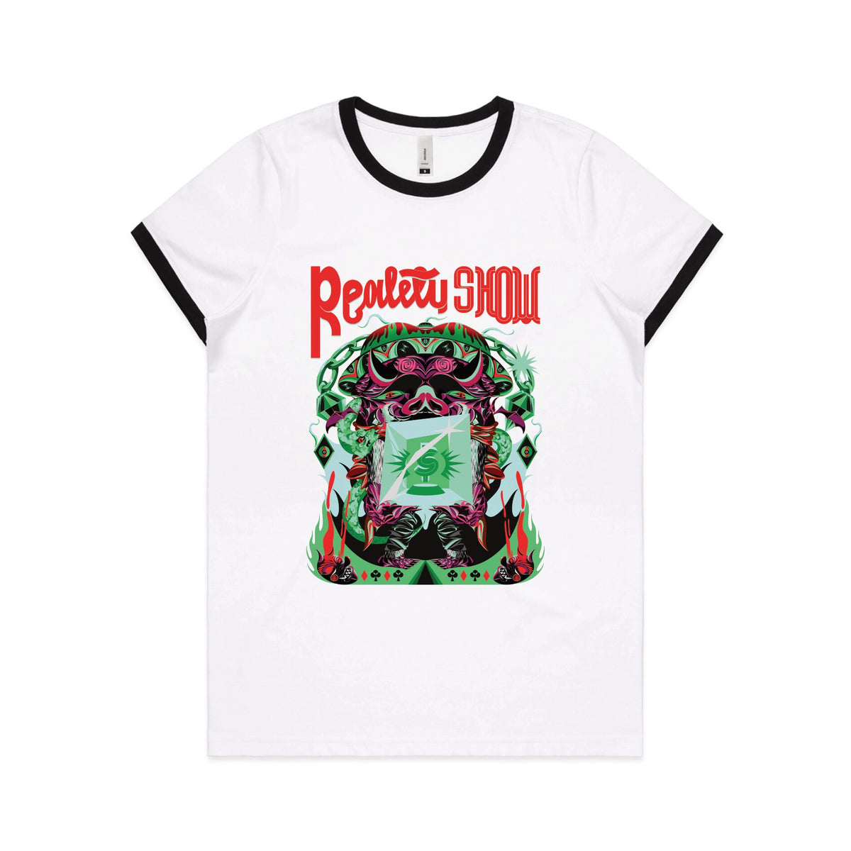 Black/White Ringer fitted womens t-shirt with Reality Show graphic by Lonely Kids Club