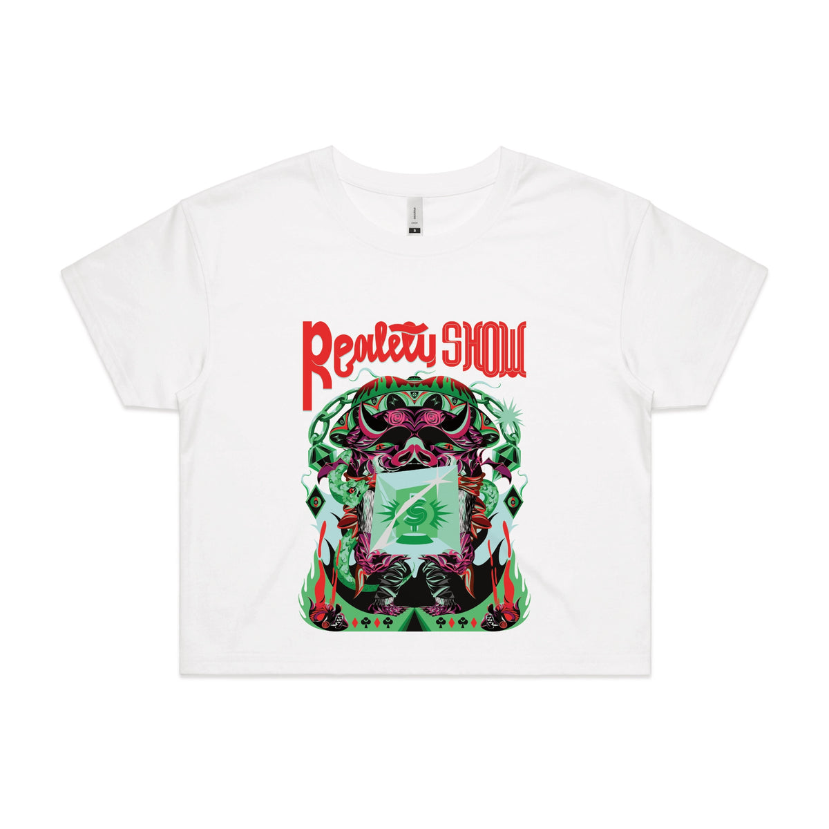 White crop top with Reality Show graphic by Lonely Kids Club
