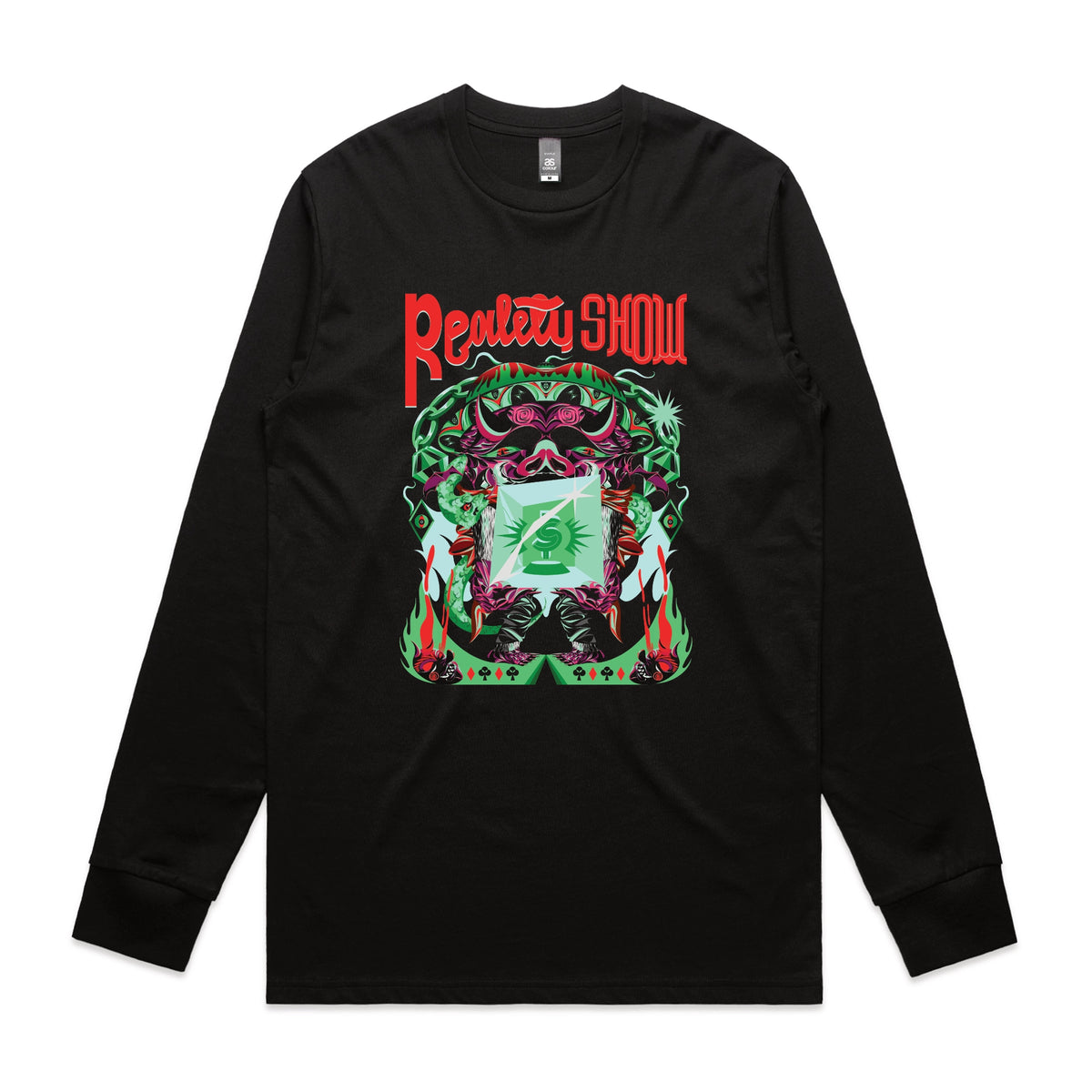 Black long sleeve t-shirt with Reality Show graphic by Lonely Kids Club