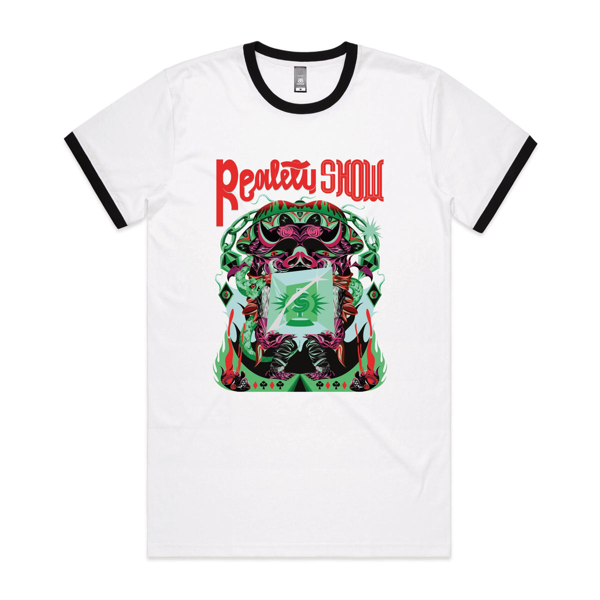 Black/White Ringer unisex t-shirt with Reality Show graphic by Lonely Kids Club