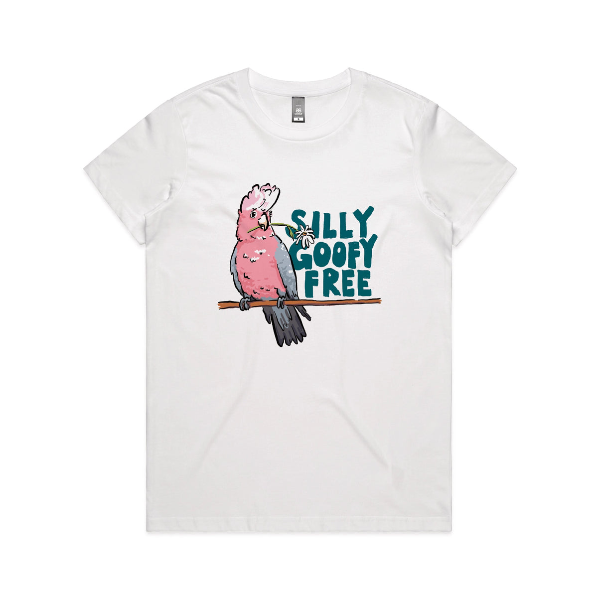White fitted womens t-shirt with Silly Goofy Free graphic by Lonely Kids Club