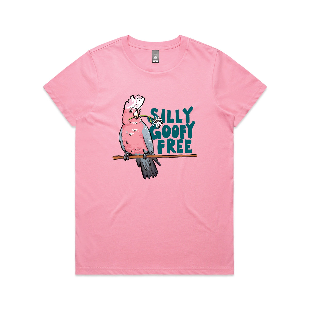 Bubblegum fitted womens t-shirt with Silly Goofy Free graphic by Lonely Kids Club