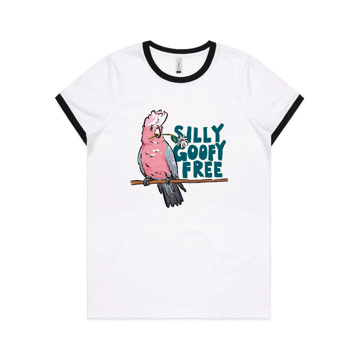 Black/White Ringer fitted womens t-shirt with Silly Goofy Free graphic by Lonely Kids Club