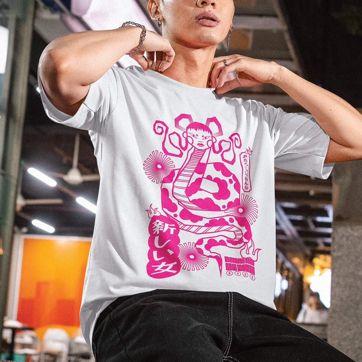 White oversized t-shirt with Lady Snake graphic by Lonely Kids Club