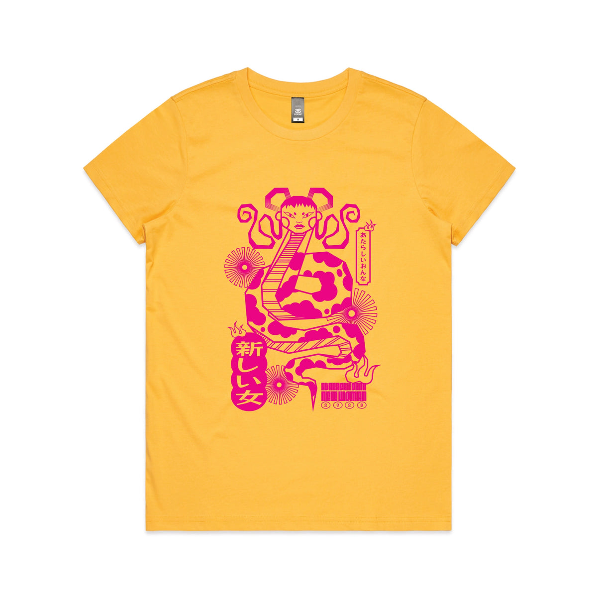 Yellow fitted womens t-shirt with Lady Snake graphic by Lonely Kids Club