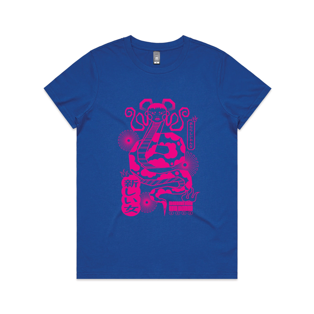 Royal Blue fitted womens t-shirt with Lady Snake graphic by Lonely Kids Club