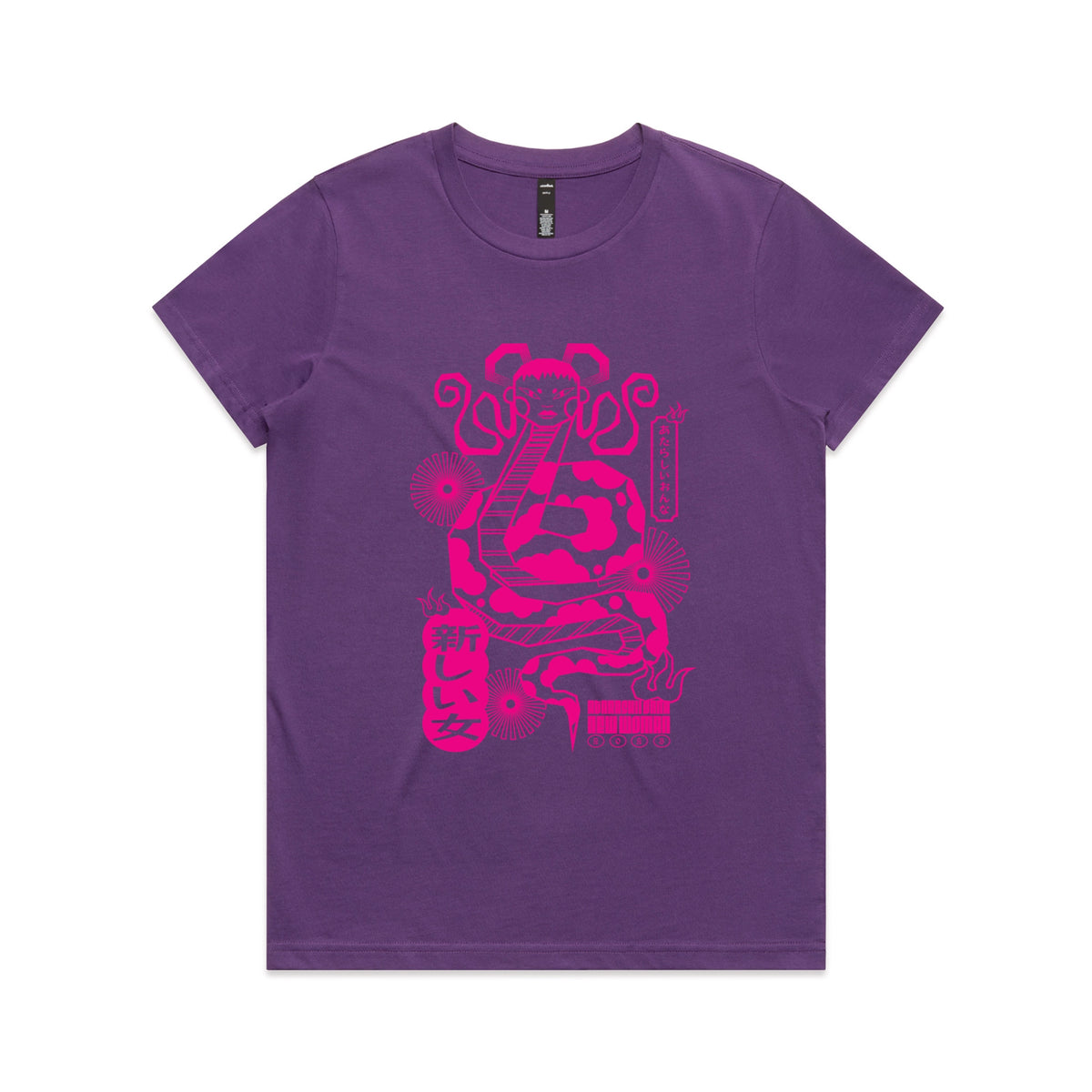 Purple fitted womens t-shirt with Lady Snake graphic by Lonely Kids Club