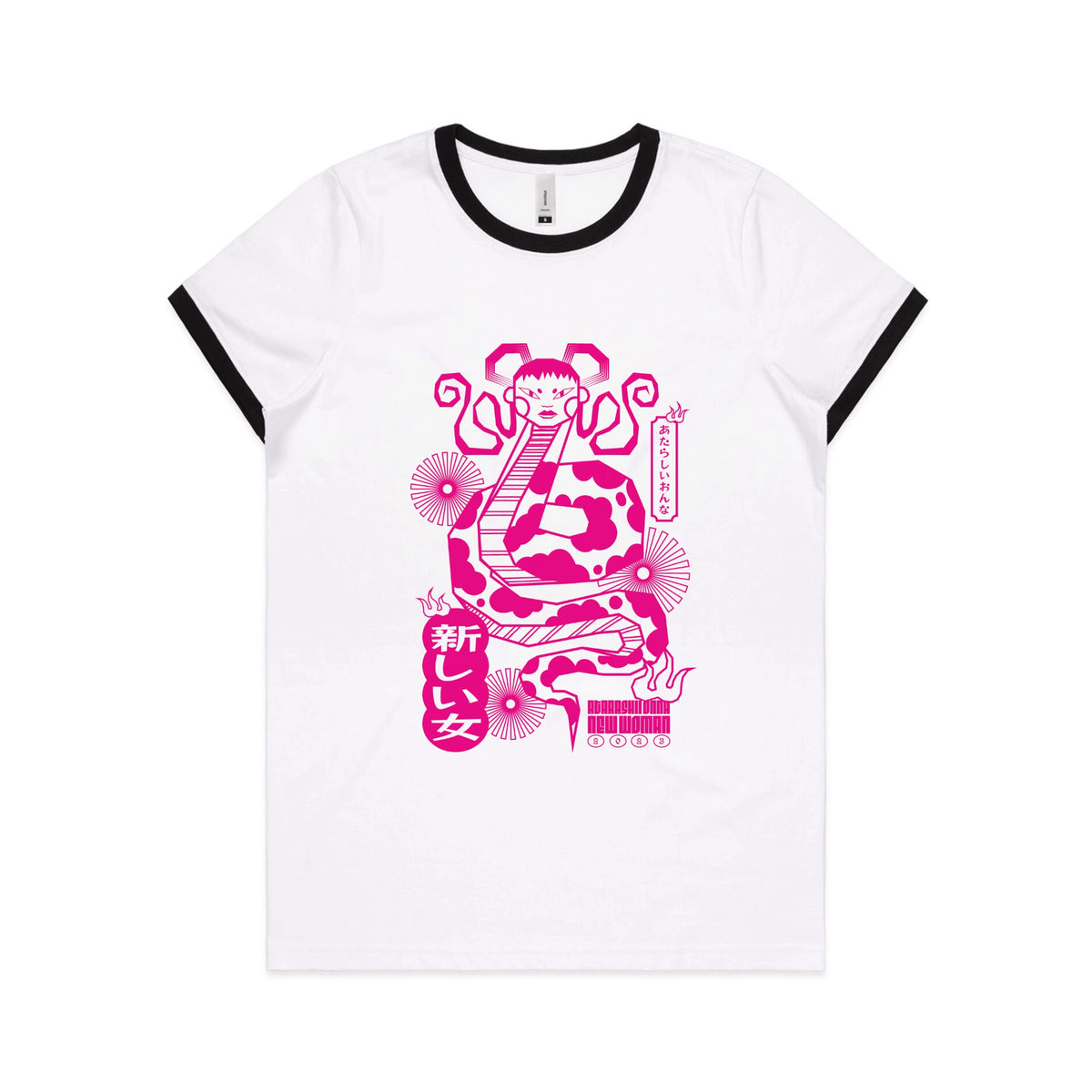 Black/White Ringer fitted womens t-shirt with Lady Snake graphic by Lonely Kids Club