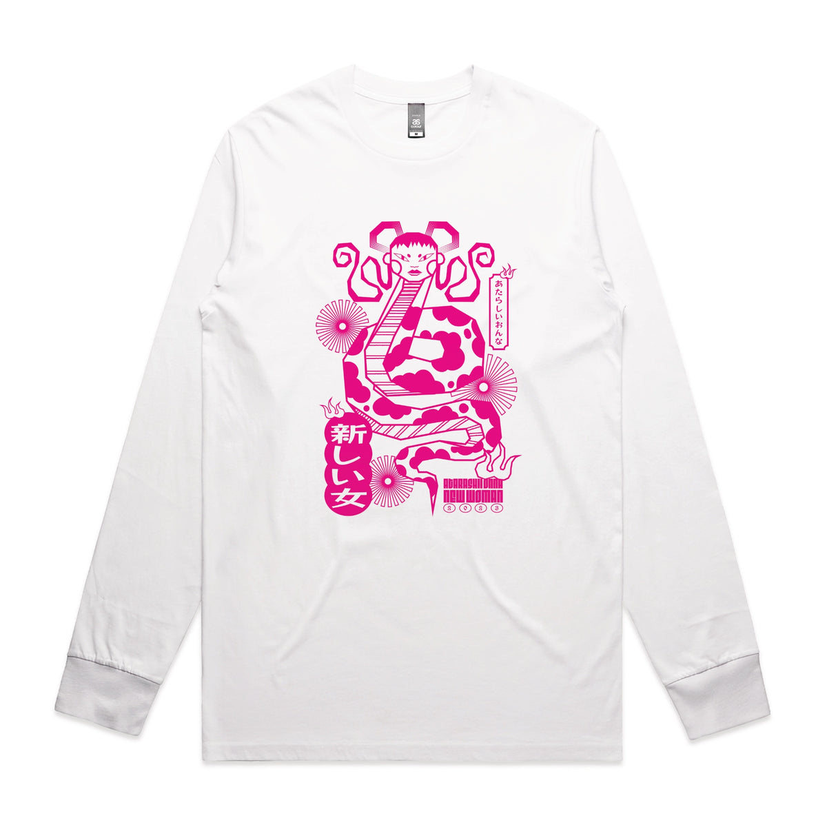 White long sleeve t-shirt with Lady Snake graphic by Lonely Kids Club