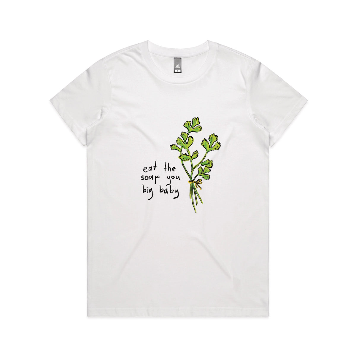 White fitted womens t-shirt with Eat The Soap graphic by Lonely Kids Club