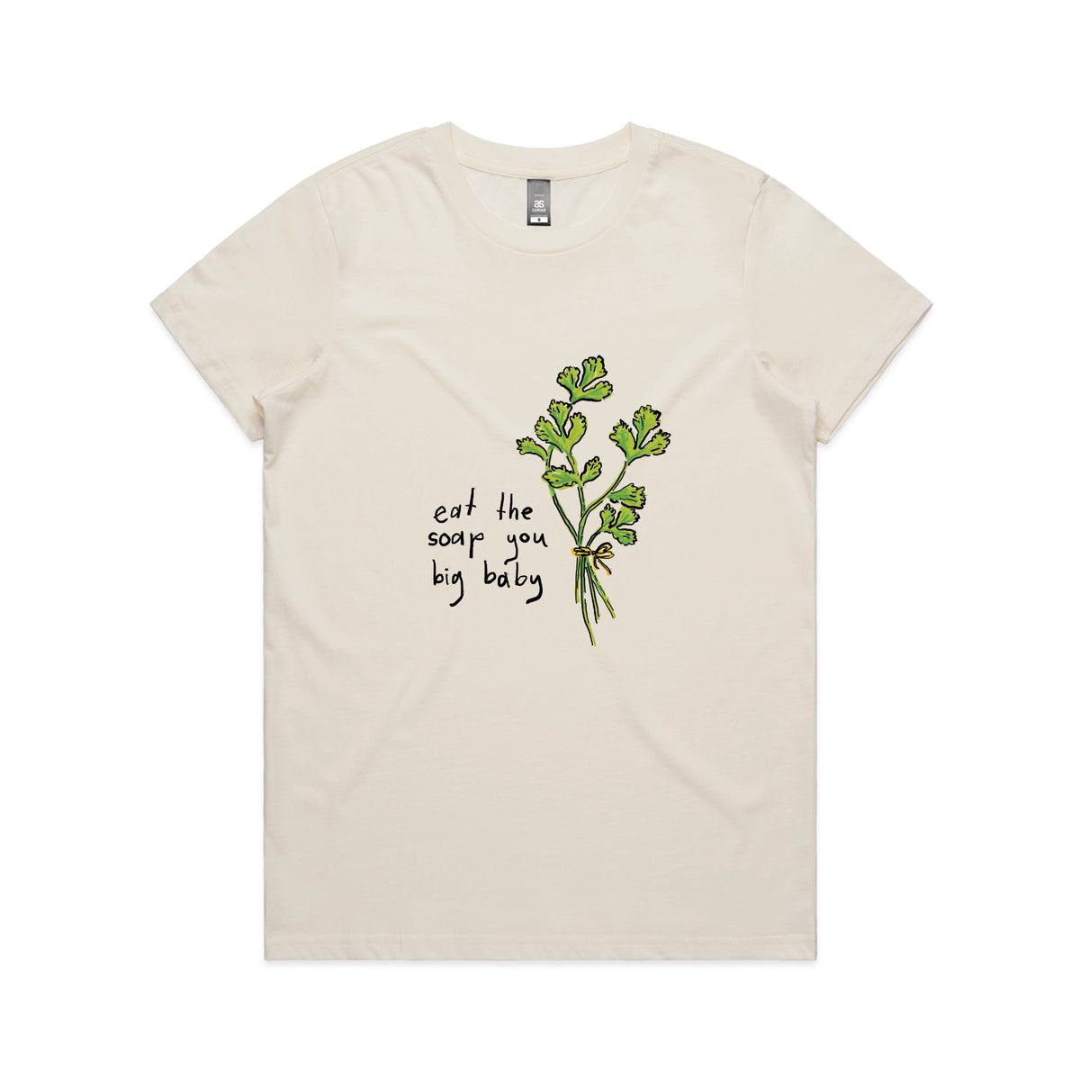 Ecru fitted womens t-shirt with Eat The Soap graphic by Lonely Kids Club