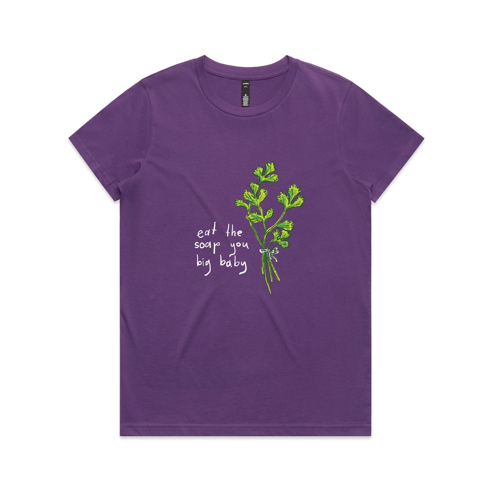 Purple fitted womens t-shirt with Eat The Soap graphic by Lonely Kids Club