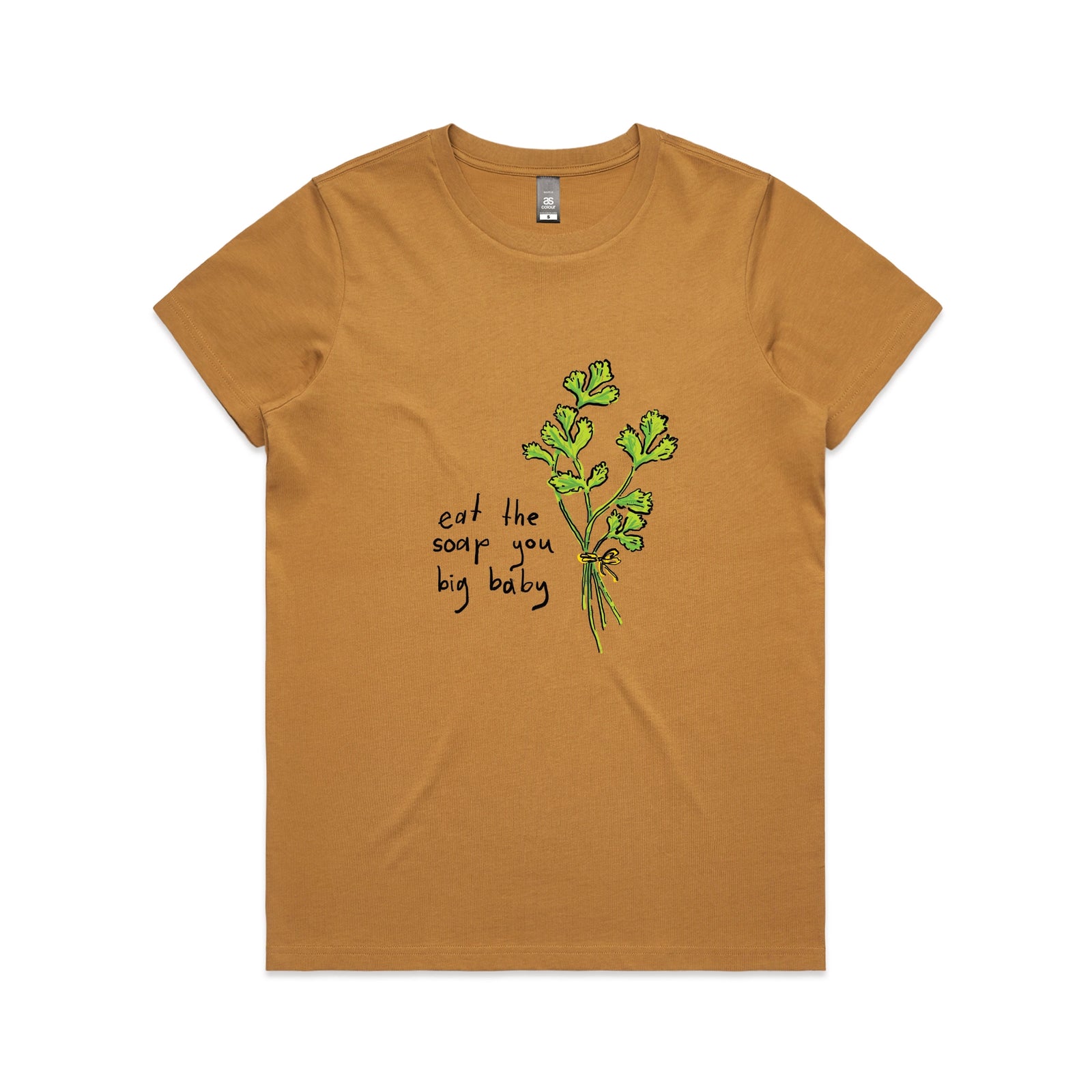 Camel fitted womens t-shirt with Eat The Soap graphic by Lonely Kids Club