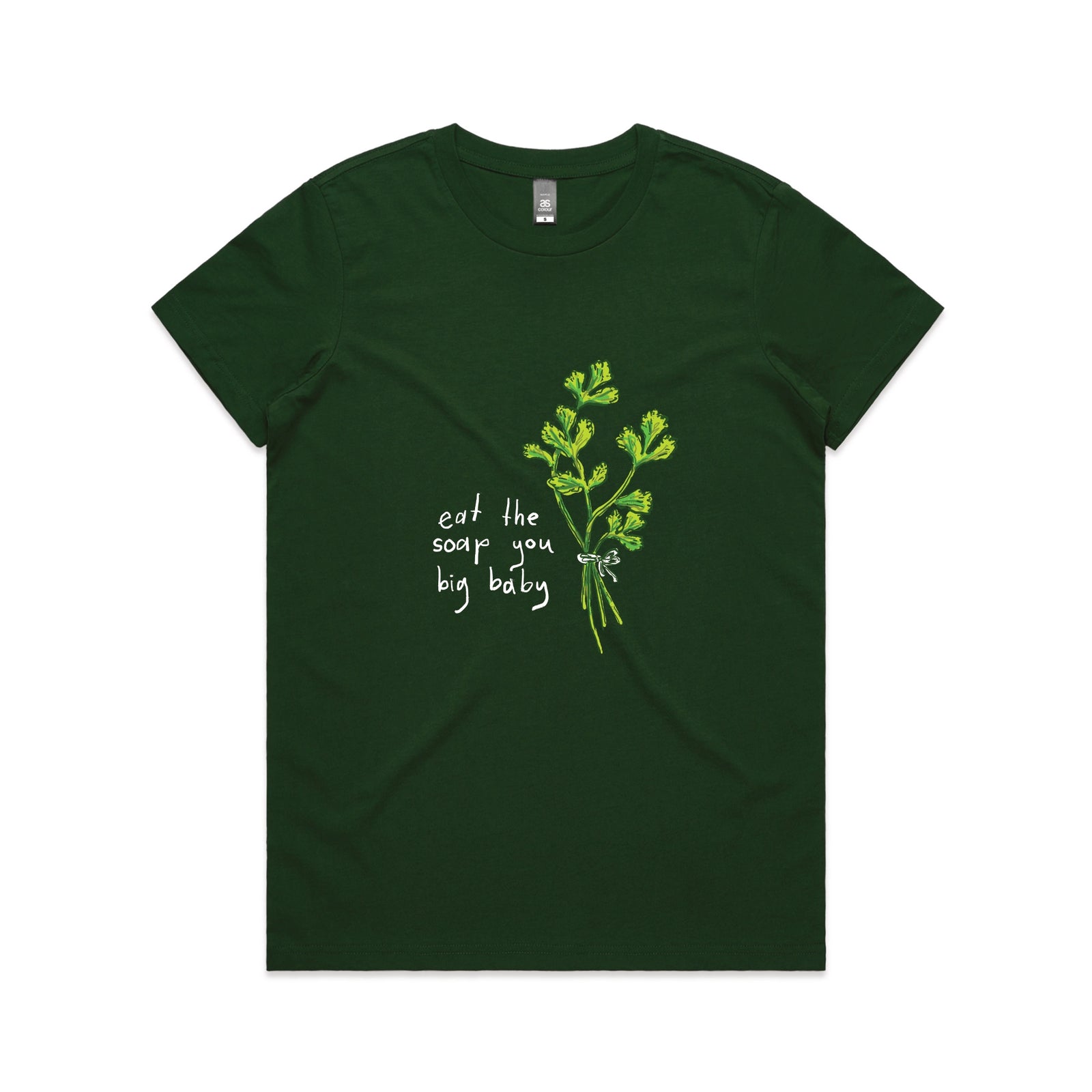 Forest Green fitted womens t-shirt with Eat The Soap graphic by Lonely Kids Club