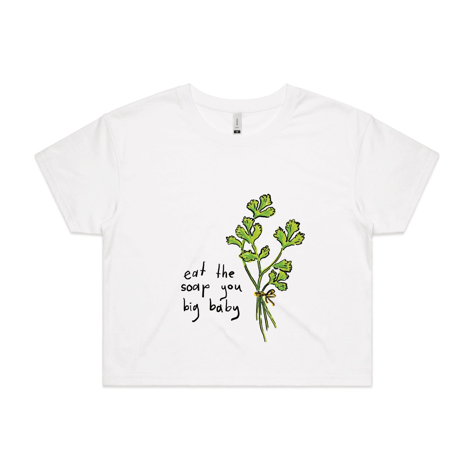 White crop top with Eat The Soap graphic by Lonely Kids Club