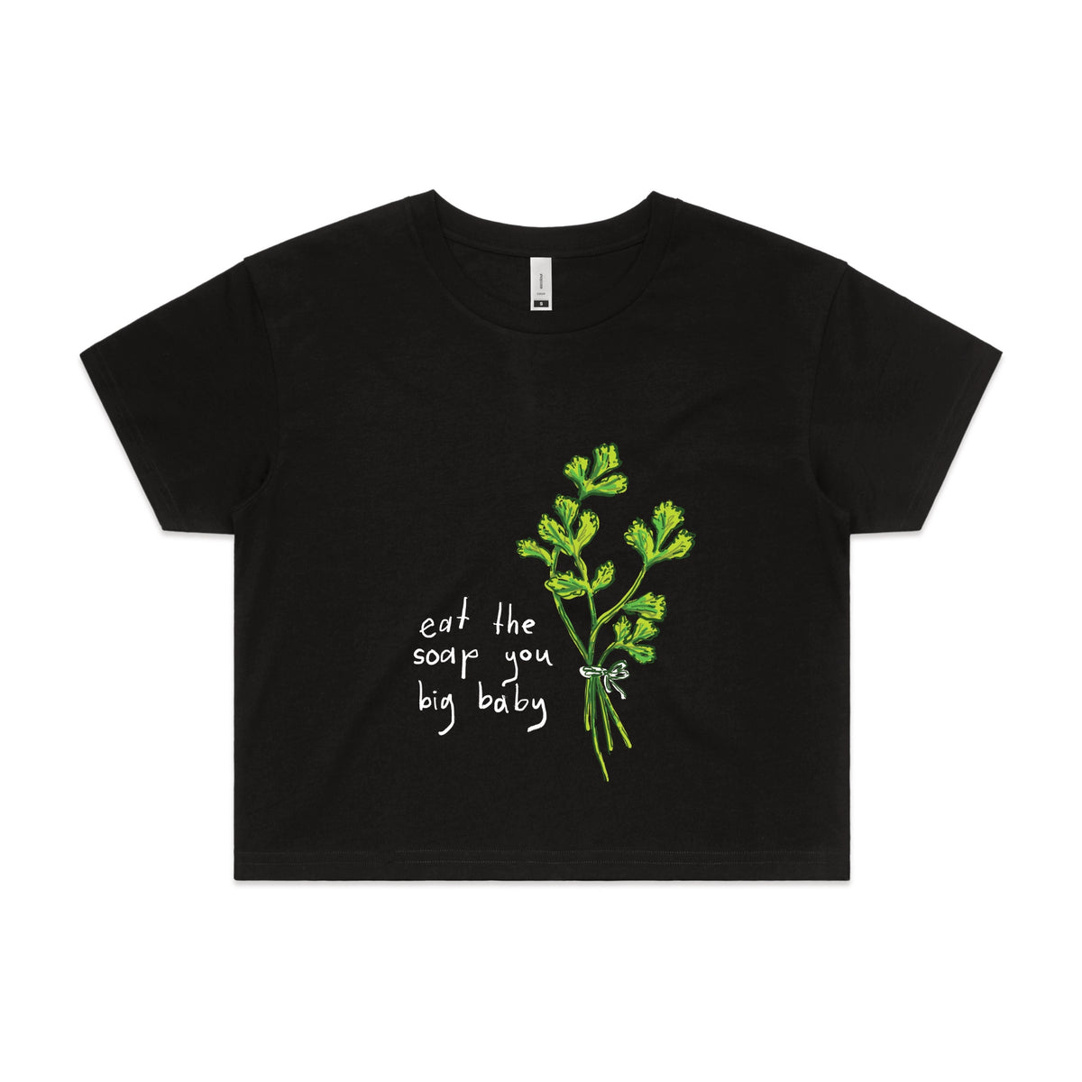 Black crop top with Eat The Soap graphic by Lonely Kids Club