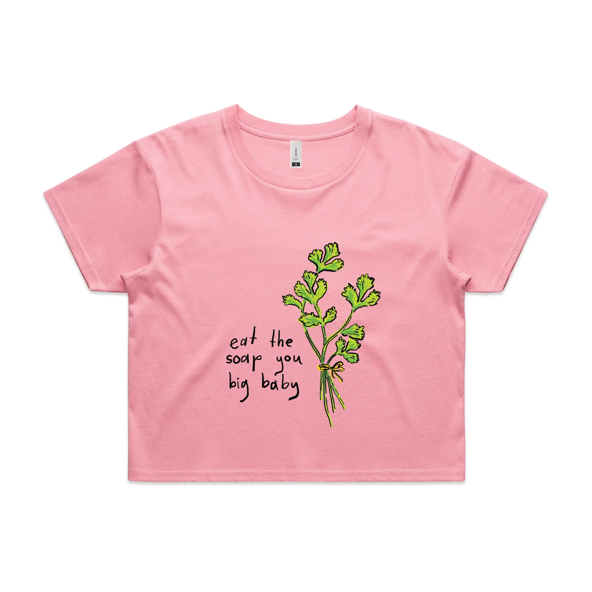 Bubblegum crop top with Eat The Soap graphic by Lonely Kids Club