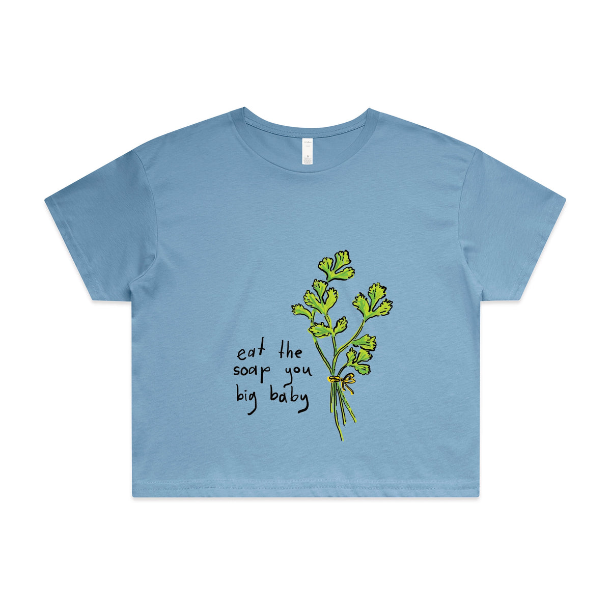 Carolina Blue crop top with Eat The Soap graphic by Lonely Kids Club
