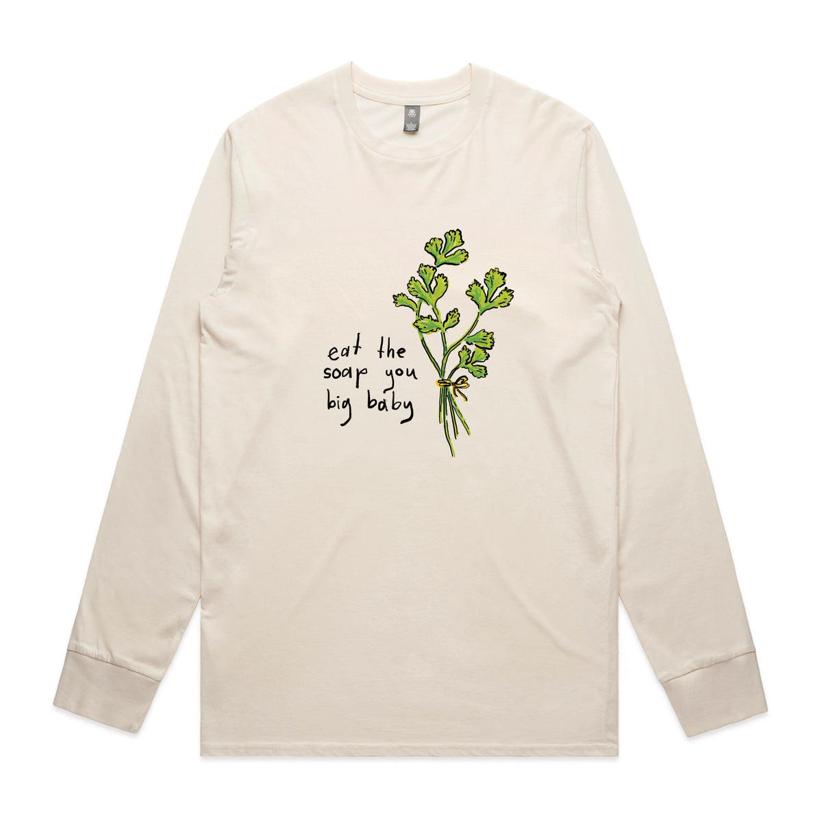 Ecru long sleeve t-shirt with Eat The Soap graphic by Lonely Kids Club