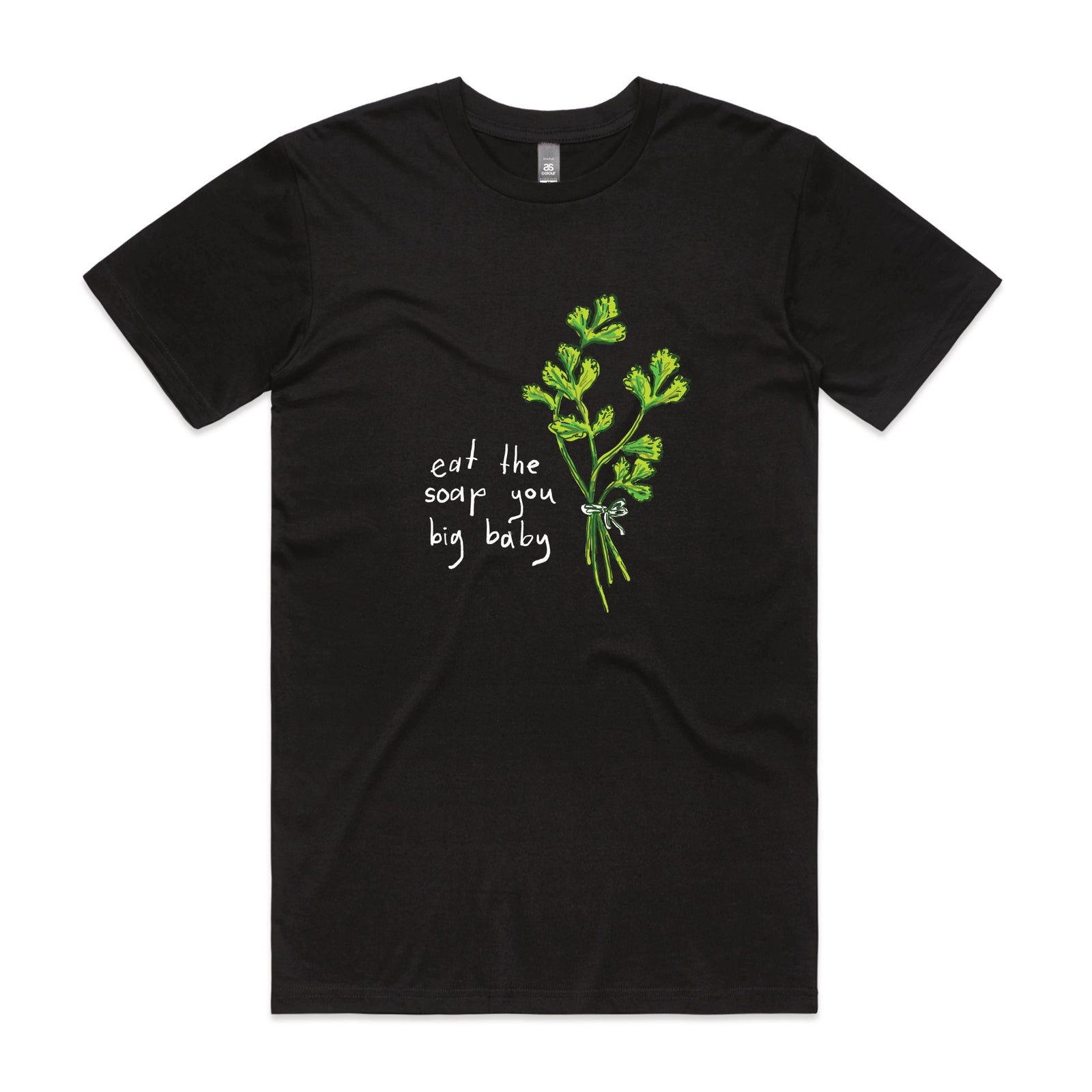 Black unisex t-shirt with Eat The Soap graphic by Lonely Kids Club
