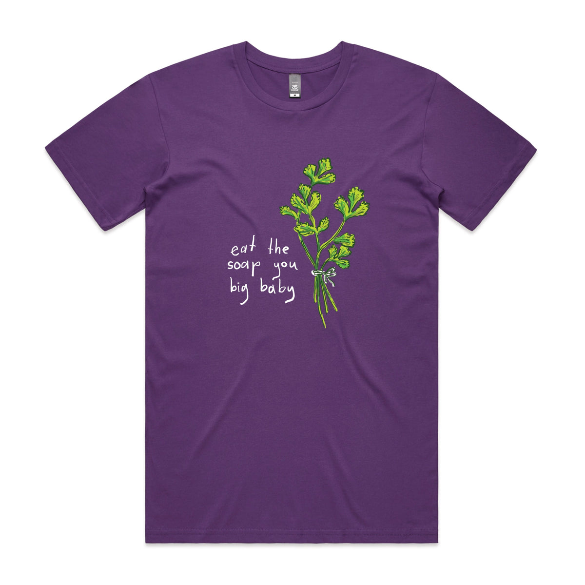 Purple unisex t-shirt with Eat The Soap graphic by Lonely Kids Club