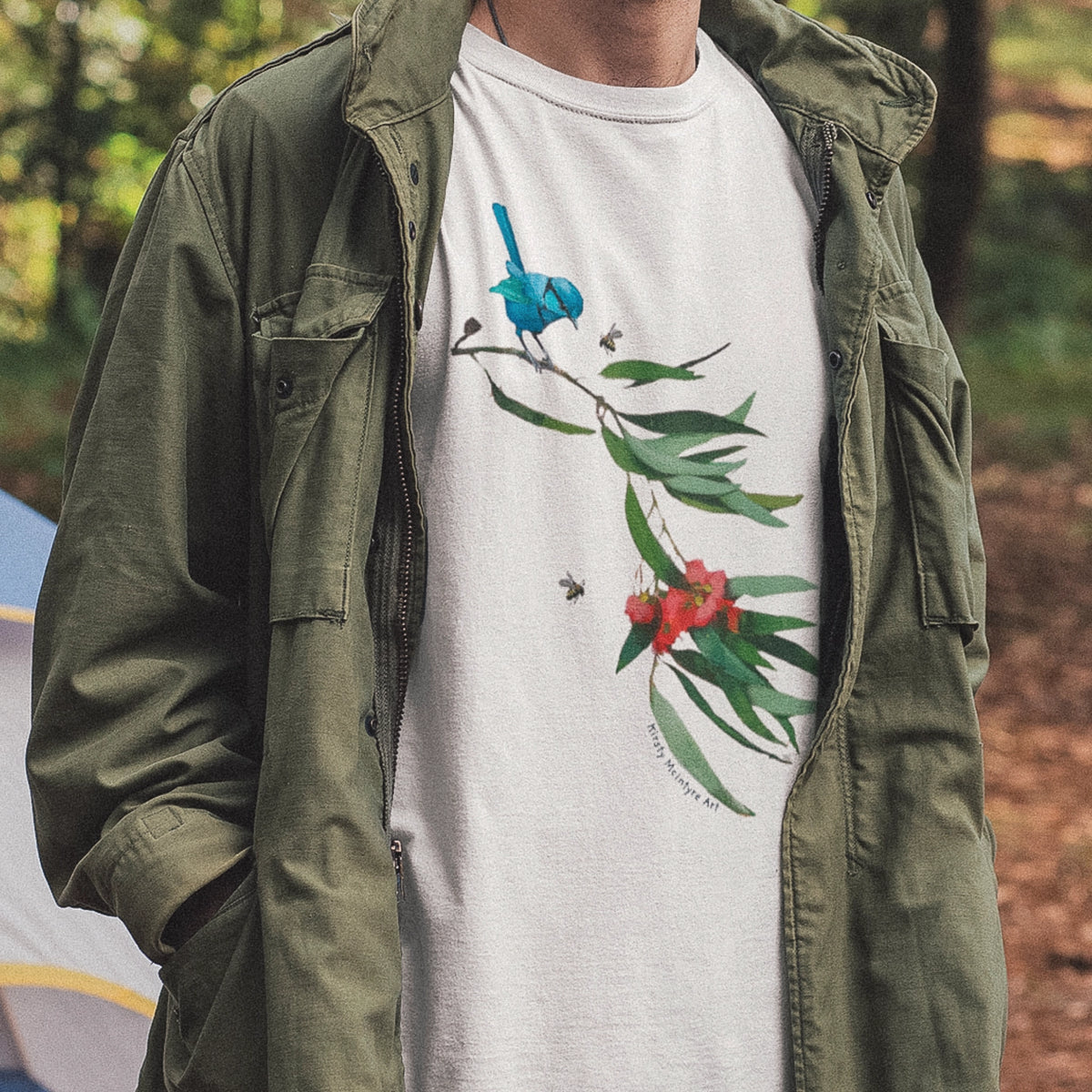 White unisex t-shirt with Splendid Blue Wren graphic by Lonely Kids Club