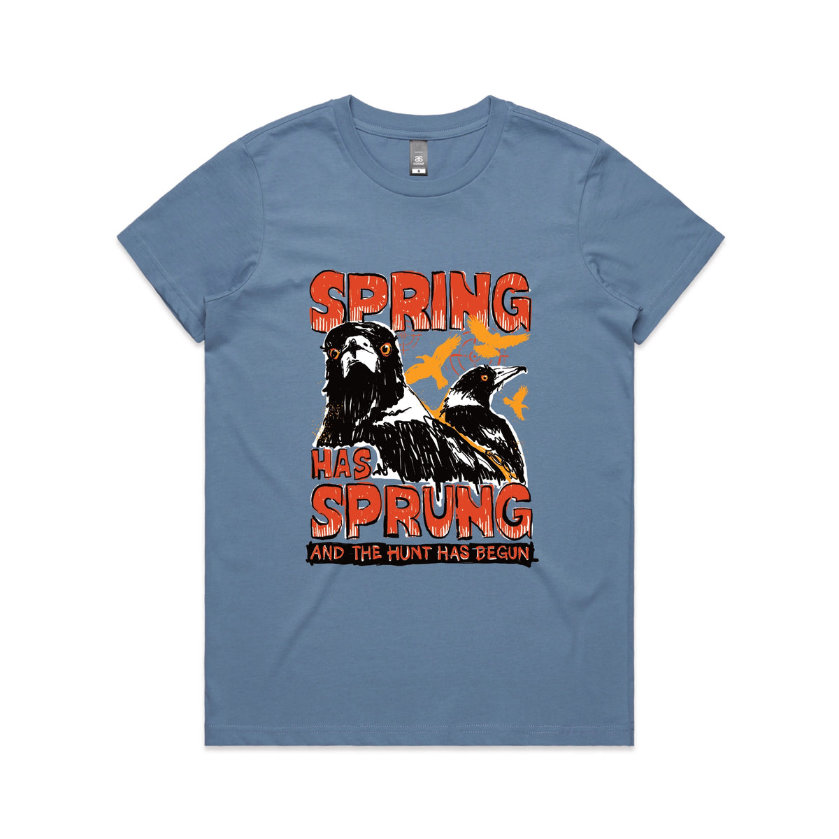 Carolina Blue fitted womens t-shirt with Spring Has Sprung graphic by Lonely Kids Club