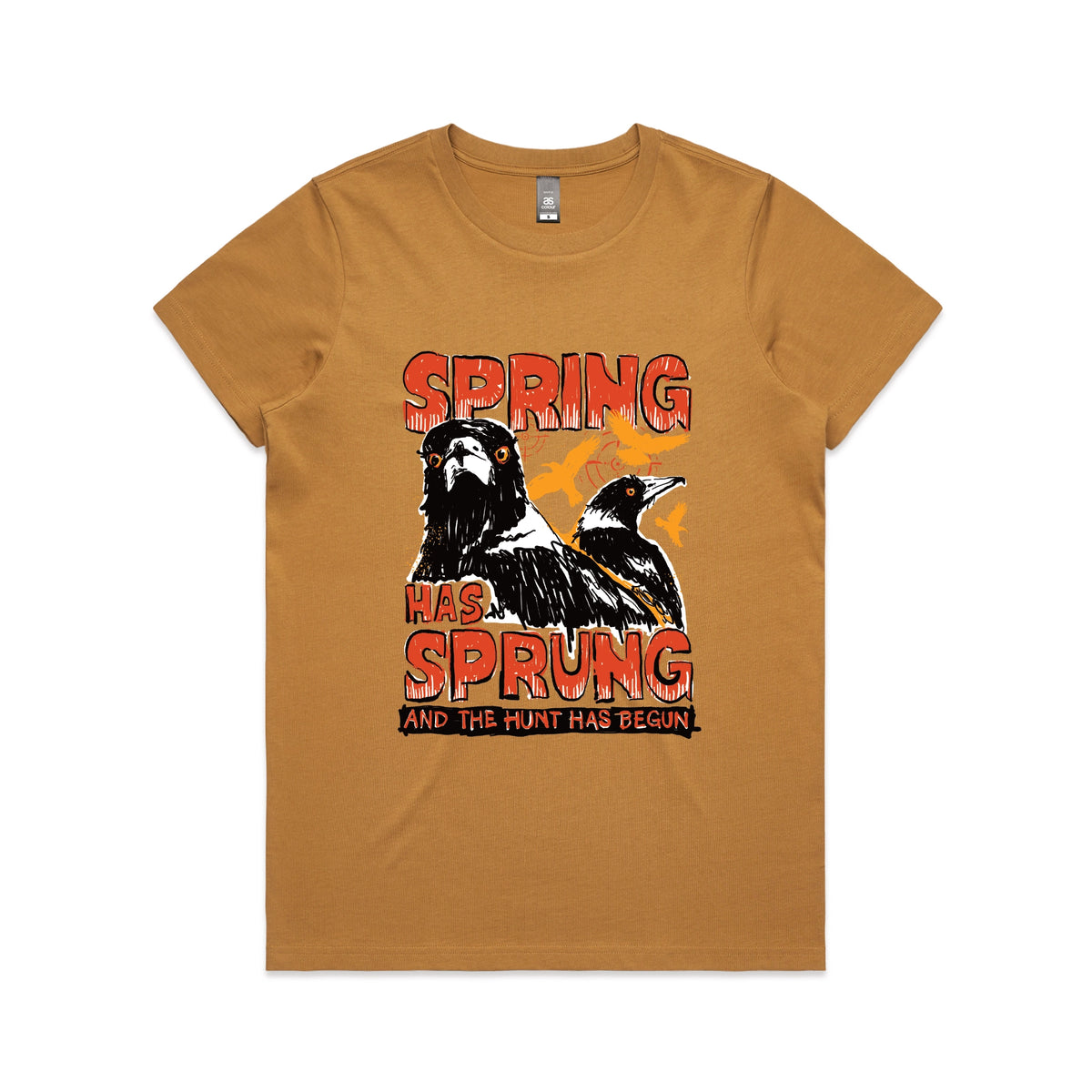 Camel fitted womens t-shirt with Spring Has Sprung graphic by Lonely Kids Club