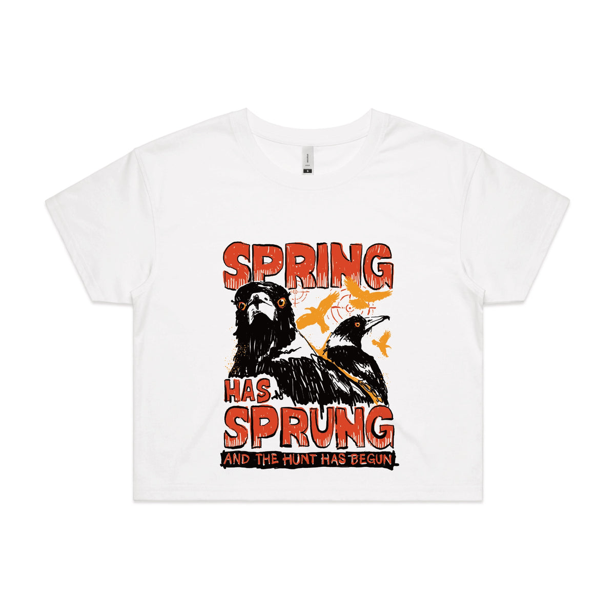 White crop top with Spring Has Sprung graphic by Lonely Kids Club