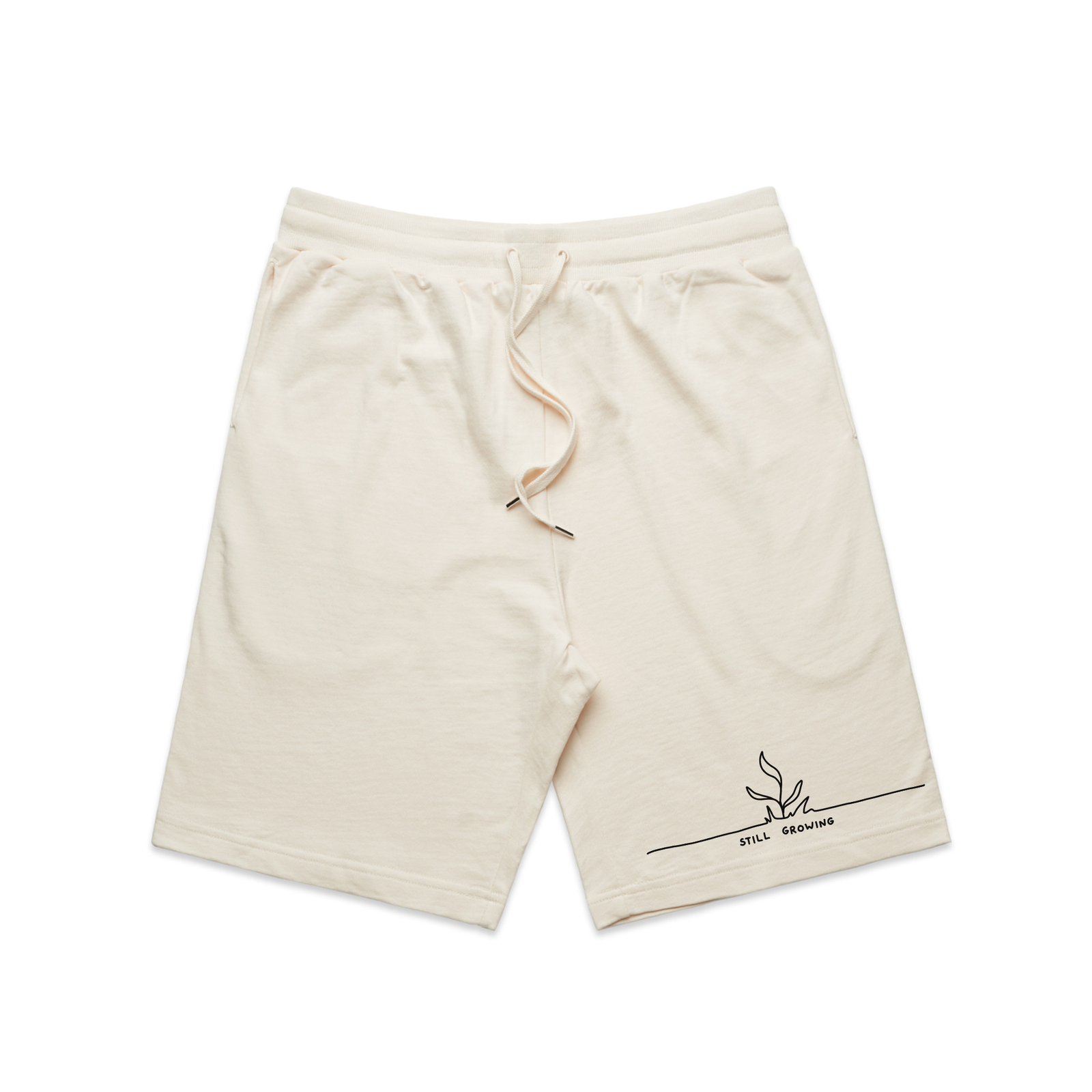 Ecru regular heavy shorts with Still Growing Shorts graphic by Lonely Kids Club