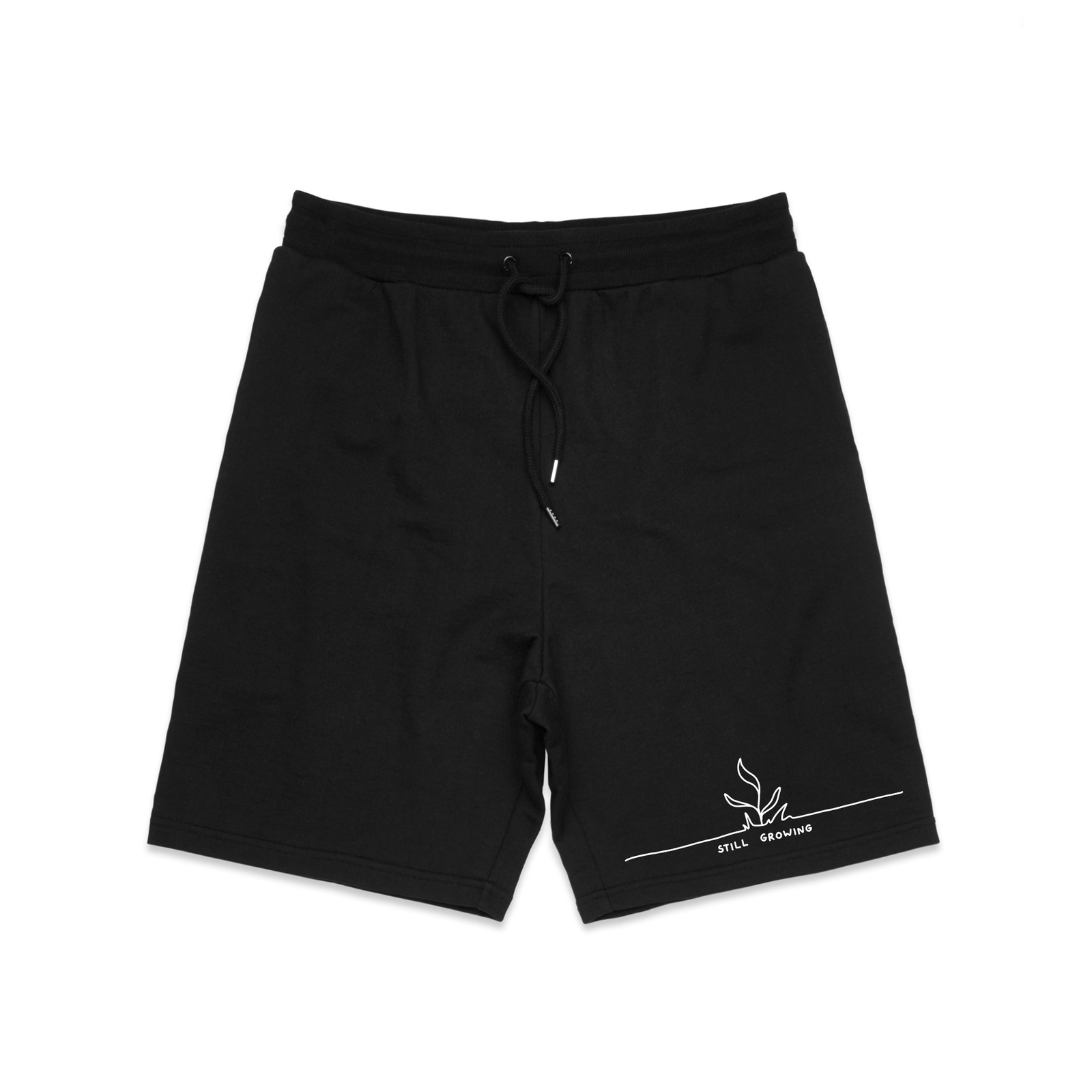 Black regular heavy shorts with Still Growing Shorts graphic by Lonely Kids Club