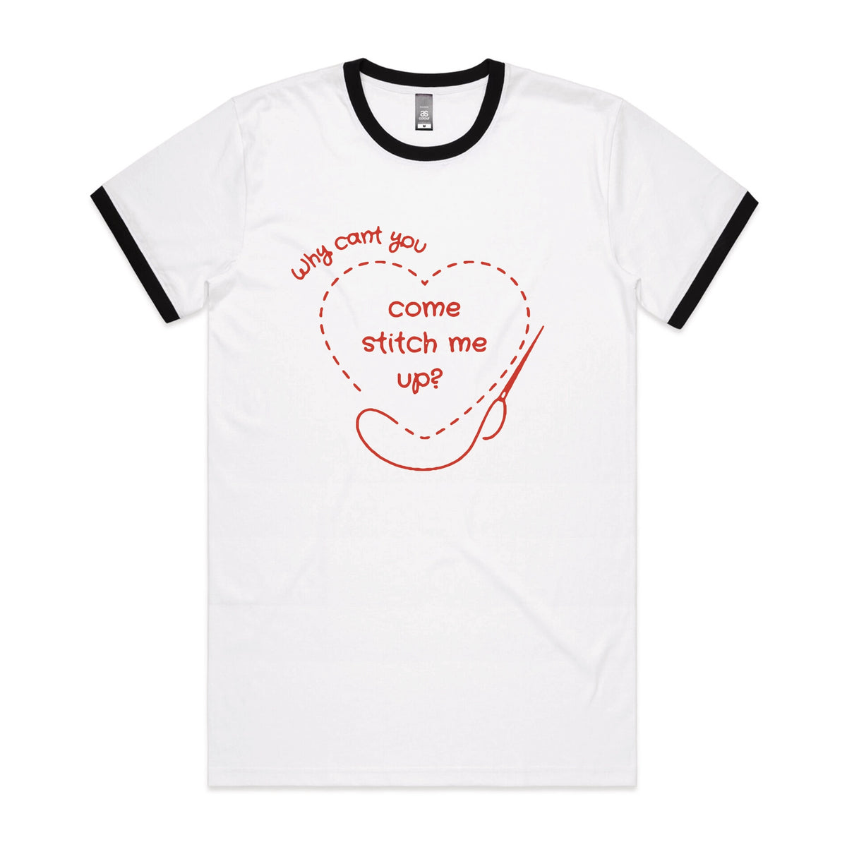 Black/White Ringer unisex t-shirt with Stitch Me Up graphic by Lonely Kids Club
