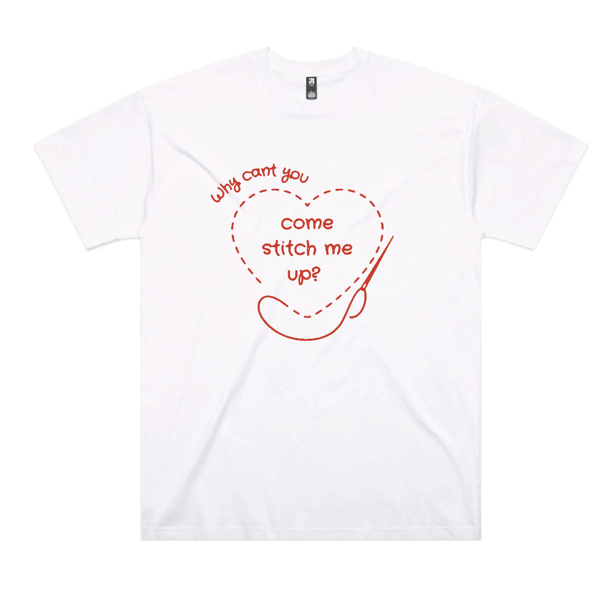 White oversized t-shirt with Stitch Me Up graphic by Lonely Kids Club