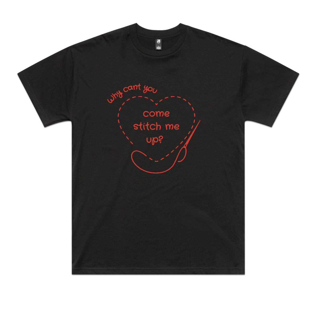Black oversized t-shirt with Stitch Me Up graphic by Lonely Kids Club
