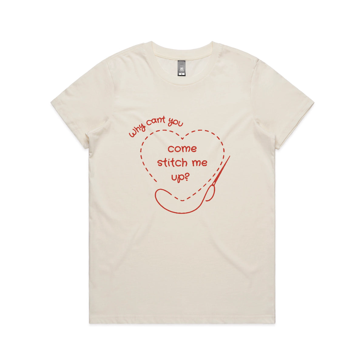Ecru fitted womens t-shirt with Stitch Me Up graphic by Lonely Kids Club