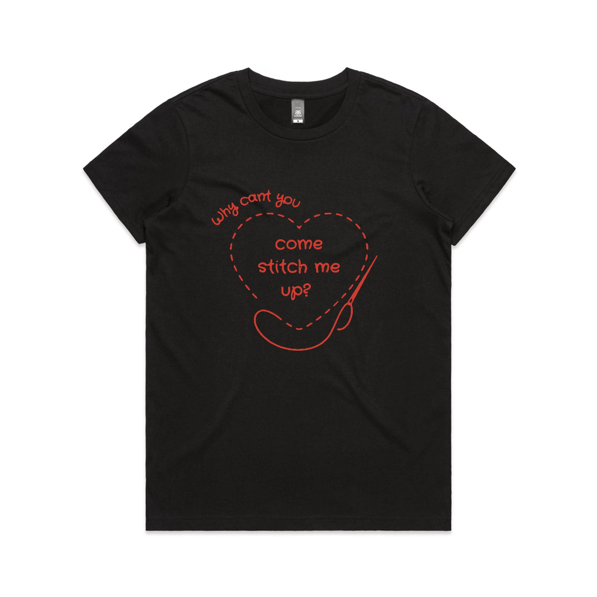 Black fitted womens t-shirt with Stitch Me Up graphic by Lonely Kids Club
