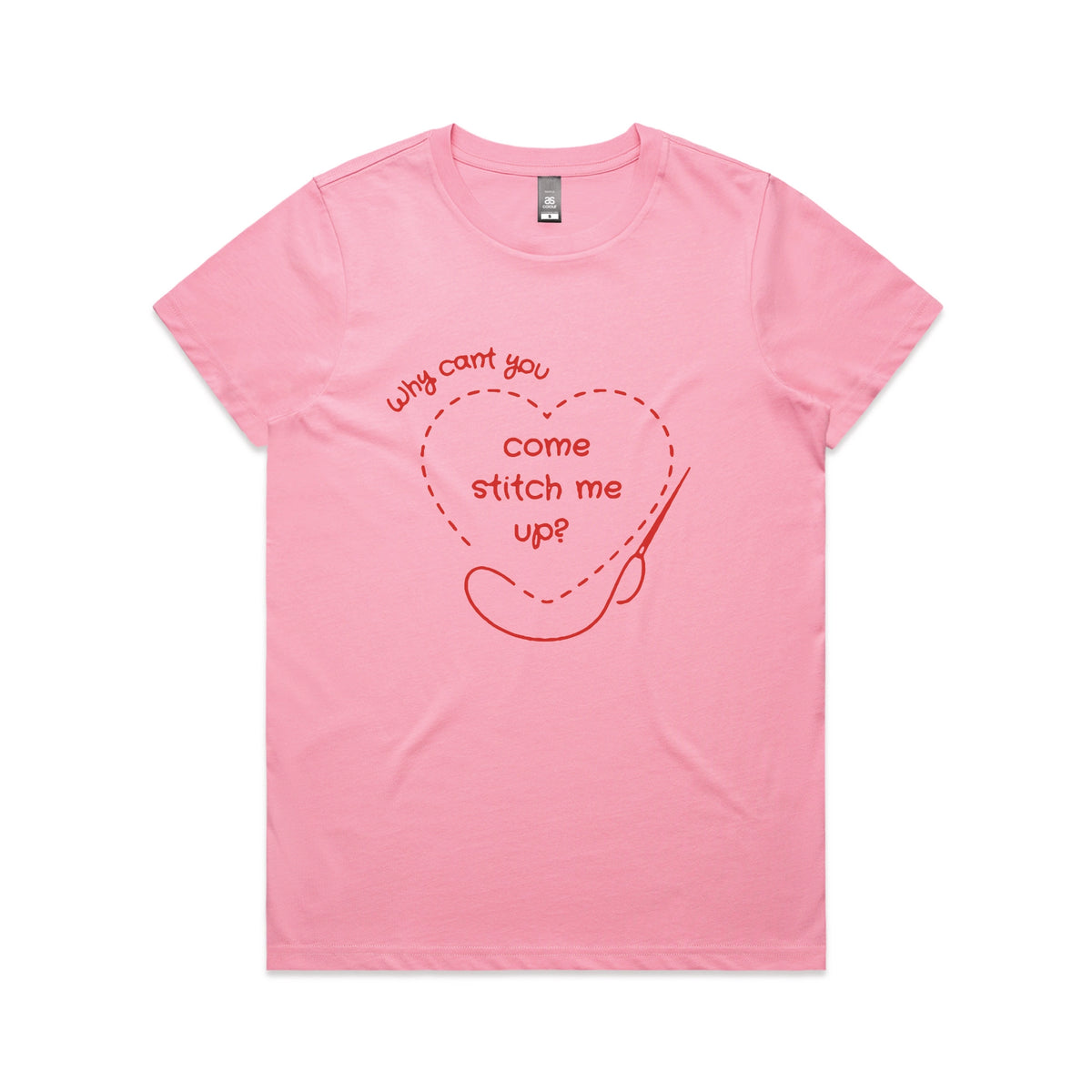 Bubblegum fitted womens t-shirt with Stitch Me Up graphic by Lonely Kids Club