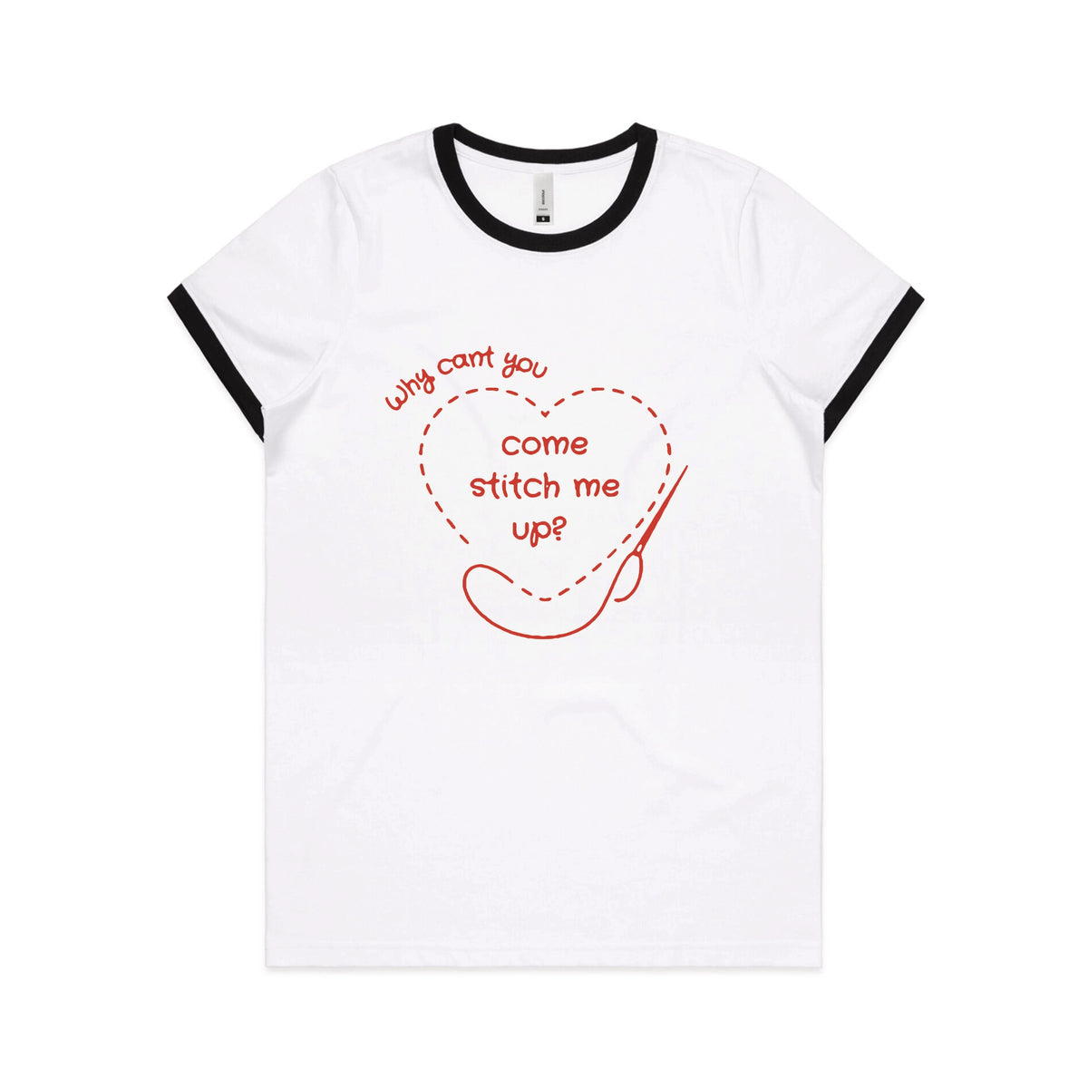 Black/White Ringer fitted womens t-shirt with Stitch Me Up graphic by Lonely Kids Club