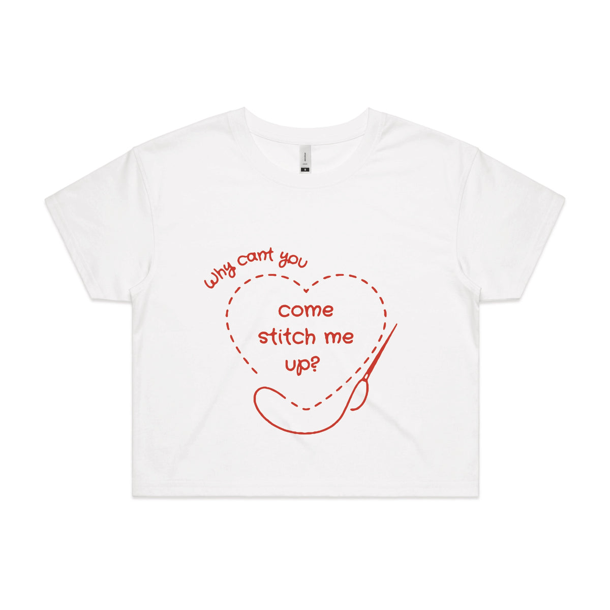 White crop top with Stitch Me Up graphic by Lonely Kids Club