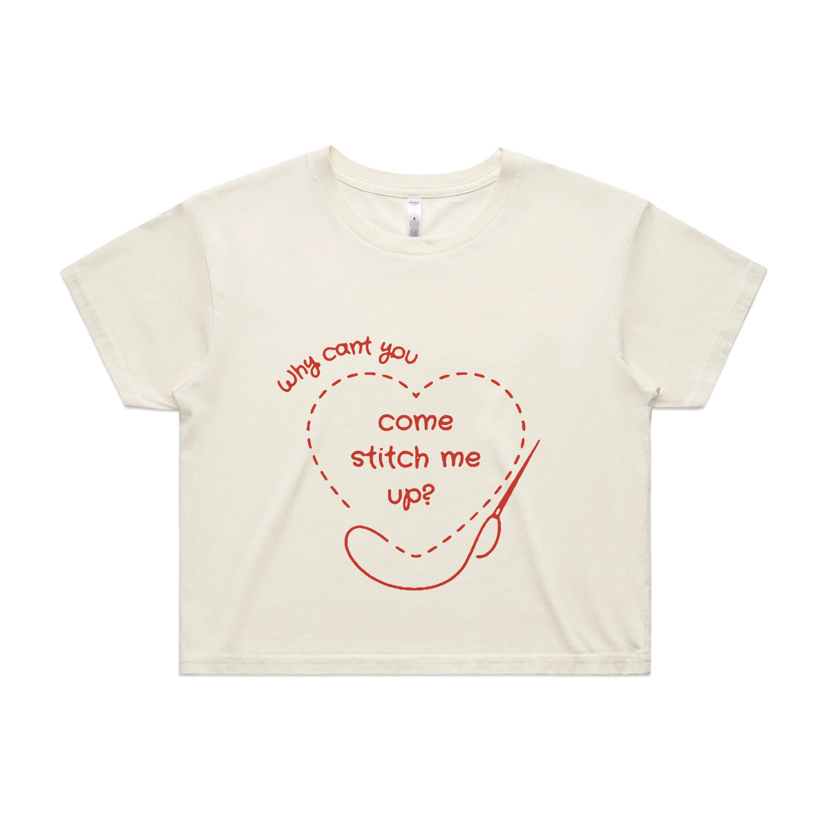 Ecru crop top with Stitch Me Up graphic by Lonely Kids Club