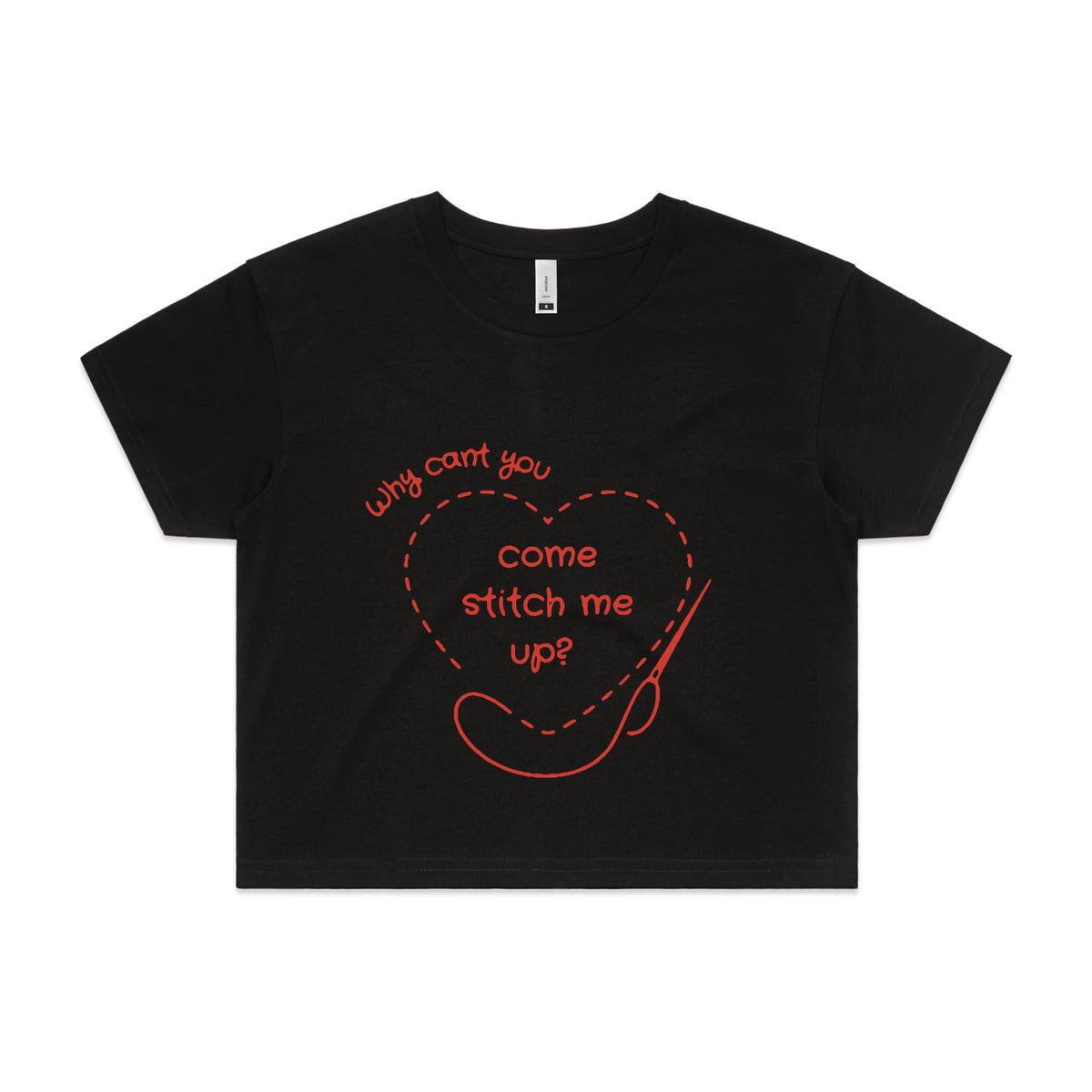 Black crop top with Stitch Me Up graphic by Lonely Kids Club