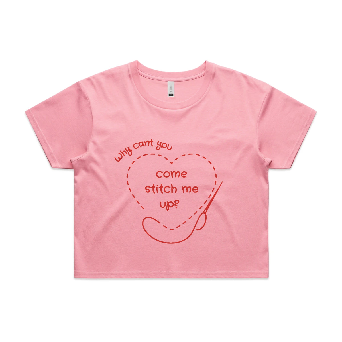 Bubblegum crop top with Stitch Me Up graphic by Lonely Kids Club