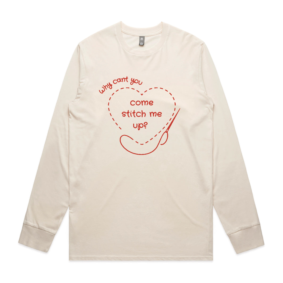 Ecru long sleeve t-shirt with Stitch Me Up graphic by Lonely Kids Club