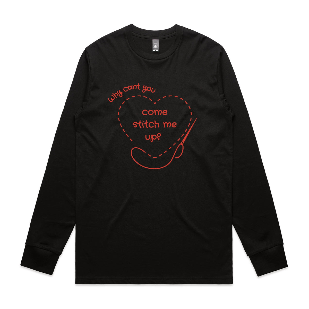 Black long sleeve t-shirt with Stitch Me Up graphic by Lonely Kids Club