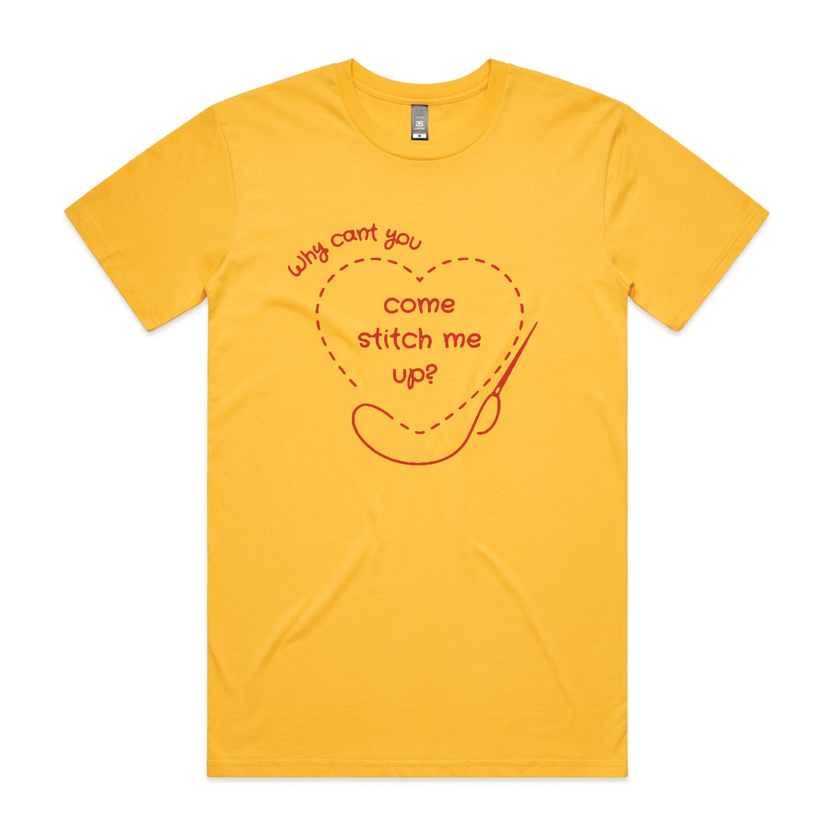 Yellow unisex t-shirt with Stitch Me Up graphic by Lonely Kids Club