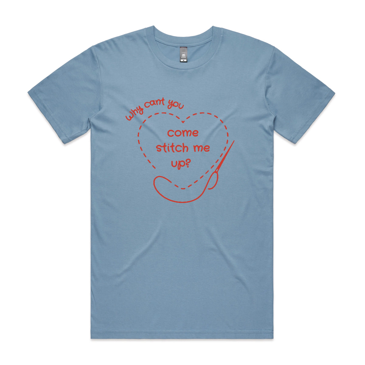 Carolina Blue unisex t-shirt with Stitch Me Up graphic by Lonely Kids Club