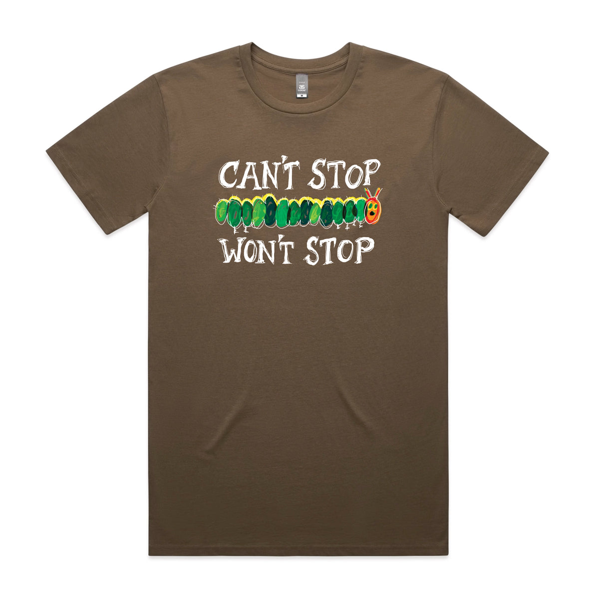 Walnut unisex t-shirt with Can't Stop Won't Stop graphic by Lonely Kids Club