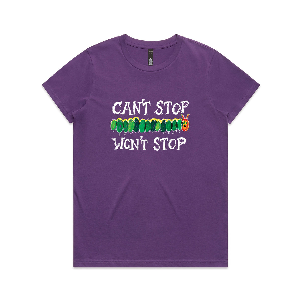 Purple fitted womens t-shirt with Can't Stop Won't Stop graphic by Lonely Kids Club
